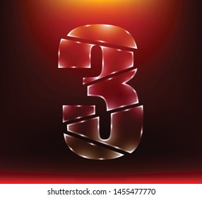 set of abstract poly luxury glass number character 3 three slash by sword with red color background.  vector illustration eps10