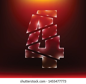 set of abstract poly luxury glass number character 4 four slash by sword with red color background.  vector illustration eps10