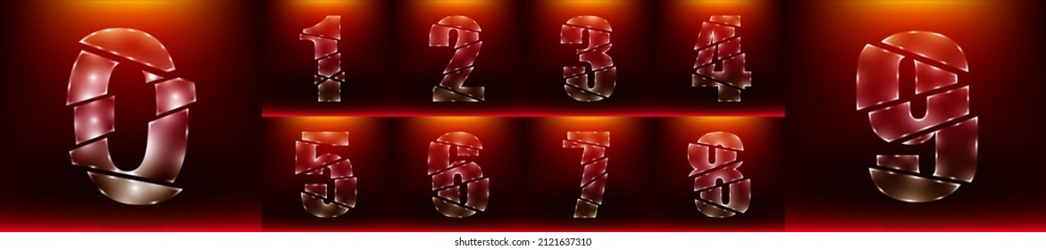 set of abstract poly luxury glass number zero to nine and slash by the sword and red color background.  vector illustration eps10