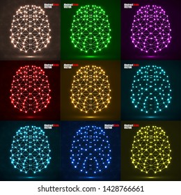 Set of abstract polygonal brain with glowing dots and lines, network connections. Vector illustration. Eps 10