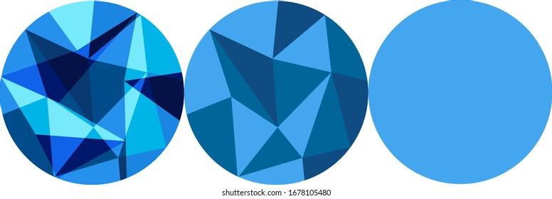 Conjunto de círculos poligonales abstractos aislados. Bajo estilo politico y geométrico minimalista. Azul triangular, diamante como ilustración vectorial, colección de mosaicos de tres niveles polígonos diferentes.