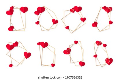 Conjunto de marco de oro geométrico poligonal abstracto con corazón rojo. Plantilla de banner de texto vacío para el día de San Valentín. Marco de poliedro lujoso decorativo para la tarjeta de invitación a la boda. Ilustración del vector