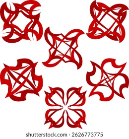 Set of abstract polygonal logo templates in red colors, swirl logo, spinning logo.