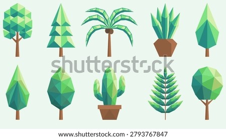 Set of abstract polygonal tree icons on light background for eco, nature, and environment design