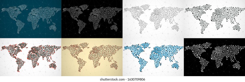 Set of abstract polygonal world maps with dots and lines, network connections. Vector illustration