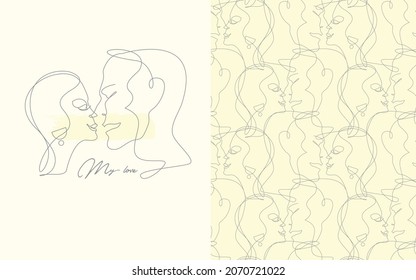 Set of abstract portrait drawn by one line with a beautiful couple of kissing man and woman and seamless pattern on a light yellow 