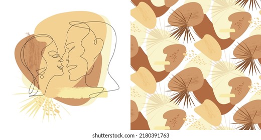 Set of abstract portrait drawn by one line with beautiful couple of kissing man and woman and seamless pattern with tropical print in boho style for feminine textiles and surface design