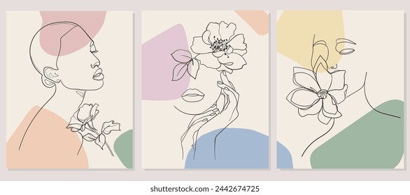 Set of abstract portrait in one line style, pastel colors. Woman beauty fashion concept. - Vector illustration