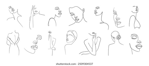 Satz von abstrakten Porträt in einem Linienstil. Schönheitsmode für Frauen. - Vektorgrafik