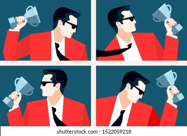 Set Of Abstract Portraits Of Businessman Holding Trophy Cup. Business Man As Winner. Vector Illustration