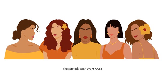 Set of abstract portraits of international women. Summer looks of female. Faceless beach characters Minimalist vector illustration isolated on white background. 
