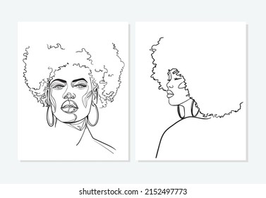 Set of abstract portraits of young African woman in minimalistic modern style. Line drawing. - Vector illustration