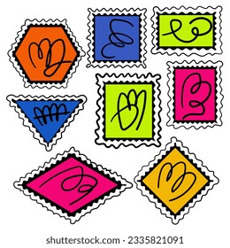 A set of abstract postage stamps in a bright color scheme and a black pattern. A collection with linear textures for pasting on postal envelopes. Illustration with doodles