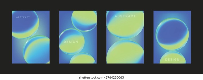 Set abstract poster 3d with gradient background cover and technology glass science. Green shape circle with abstract poster idol and graphic conference template. Vector blue poster with liquid.
