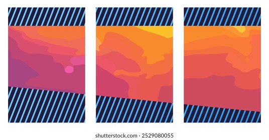 Set von abstraktem Posterhintergrund mit orangefarbener Flüssigkeit und blauen Linien