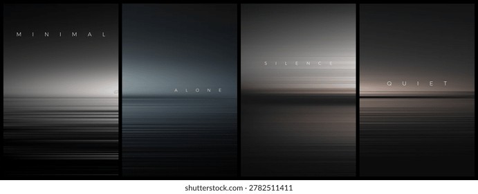 Set of abstract poster collection inspired by silence, emptiness, and distant horizons. Minimalist posters reflecting still horizons and quiet moments. Blurred horizontal gradients with muted colors for Scandinavian interiors focused on balance, calm and emotional clarity. Minimalist wall art exploring stillness and distance through soft horizontal gradients. Blurred horizontal posters resemble distant water and sky. Vector illustration
