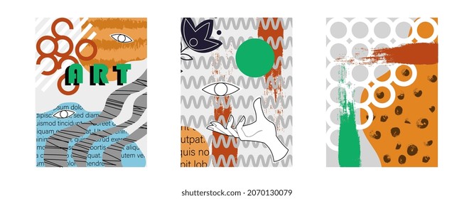 Set abstraktes Poster. Kollektion ungewöhnlicher Bilder. Grafische Elemente für Webseiten, modern, hell. Trendy und stilvolles Banner. Cartoon-FlachVektorgrafiken einzeln auf weißem Hintergrund