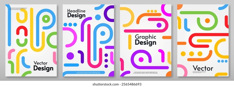 Set of abstract poster. Colorful line art design with white backdrop. Vector illustration. Design for poster, cover, brochure. 