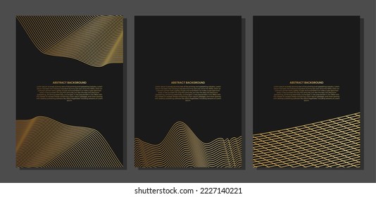conjunto de afiche o cubierta abstracta con onda de línea dorada. Estilo de lujo. Patrón tecnológico. Línea ondulada curvada, banda lisa