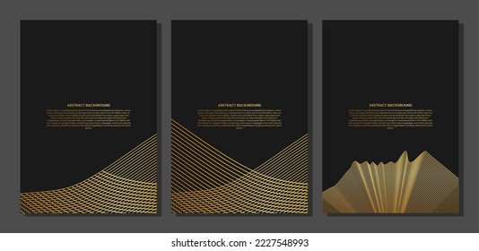 set of Abstract poster or cover with gold line wave. Luxury style. Tech pattern. Curved wavy line, smooth stripe