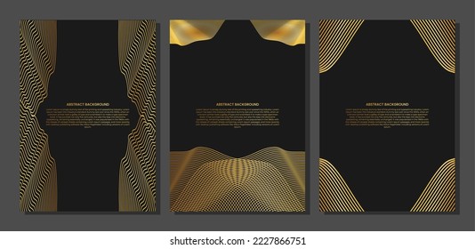 set of Abstract poster or cover with gold line wave. Luxury style. Tech pattern. Curved wavy line, smooth stripe