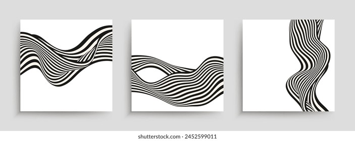 Set of abstract poster designs with wavy black stripes and optical illusion effect. Movement illusion, banner, flyer, invitation, cover design.