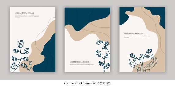 Set of Abstract poster with floral and botanical illustration. Usable for cover, wall art, greeting, banner, and print. Vector design with place for the text.