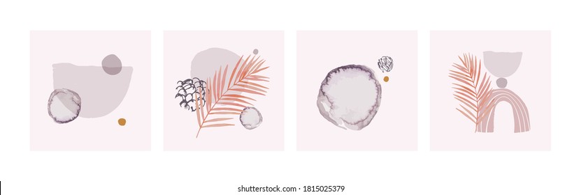 Set of abstract poster in geometric graphic style. Geometrical shapes, grunge, watercolor textures, doodles background. Collage illustrations collection for modern art, hipster, minimal design