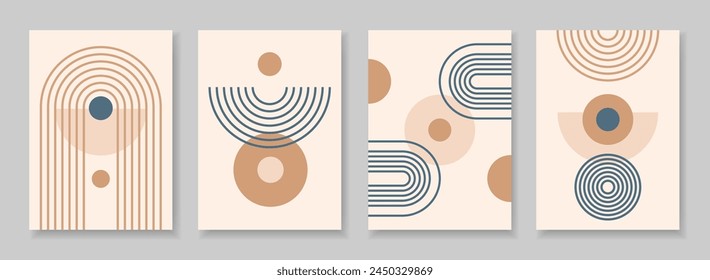 Set of abstract poster with zen geometric line arches and circle shapes composition. Linear outline retro paterns. Minimal boho simple vector illustration with editable stroke figures.