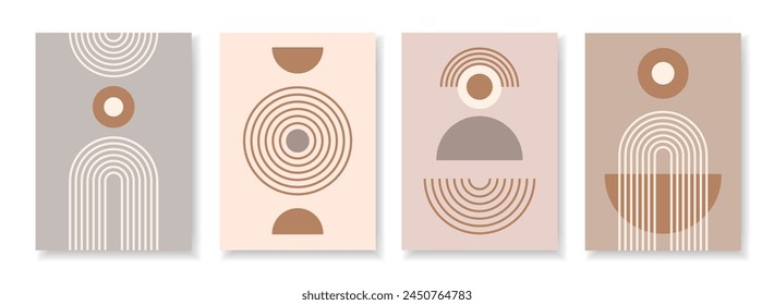Set of abstract poster with zen geometric line arches and circle shapes composition. Linear outline retro paterns. Minimal boho simple vector illustration with editable stroke figures