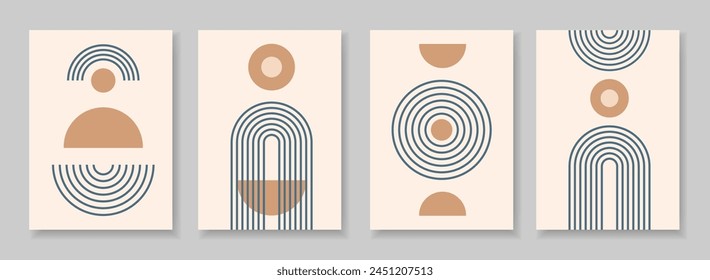 Set of abstract poster with zen geometric line arches and circle shapes composition. Linear outline retro paterns. Minimal boho simple vector illustration with editable stroke figures.