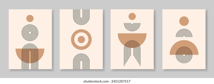 Set of abstract poster with zen geometric line arches and circle shapes composition. Linear outline retro paterns. Minimal boho simple vector illustration with editable stroke figures.