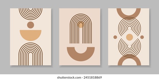 Conjunto de póster abstracto con arcos de líneas geométricas zen y Formas circulares. Patrones retro de contorno lineal. Ilustración vectorial simple boho mínima con figuras de trazo editables