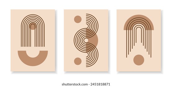 Set of abstract poster with zen geometric line arches and circle shapes composition. Linear outline retro paterns. Minimal boho simple vector illustration with editable stroke figures