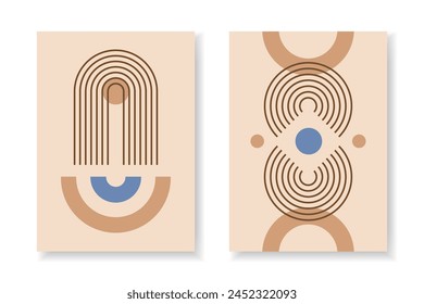 Conjunto de póster abstracto con arcos de líneas geométricas zen y Formas circulares. Patrones retro de contorno lineal. Ilustración vectorial simple boho mínima con figuras de trazo editables