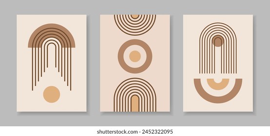 Set of abstract poster with zen geometric line arches and circle shapes composition. Linear outline retro paterns. Minimal boho simple vector illustration with editable stroke figures