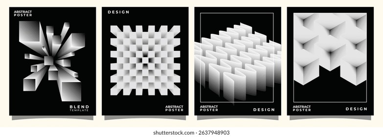 Set of abstract posters with 3D geometric shapes, gradients, and depth illusion. Perfect for art shows, tech events, or modern design promotions.