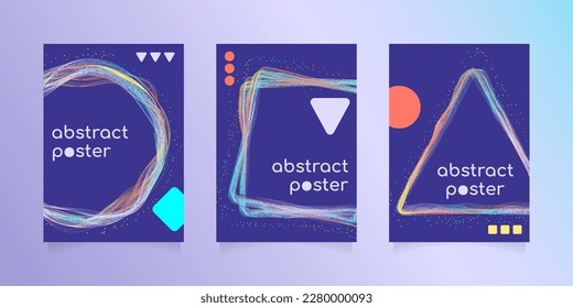 Set of abstract posters with accent graphic elements. Multicolored waves with lines form triangle, circle and square. Decoration with colored dots and elements. Vector.