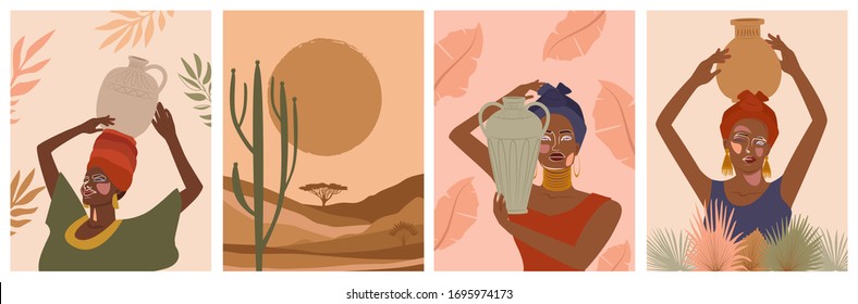 Set of abstract posters with African woman in turban,  ceramic vase and jugs, plants, abstract shapes and landscape. Background in minimalistic style. Vector illustration