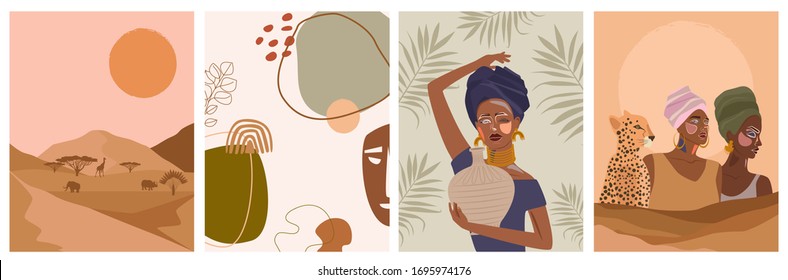 Set of abstract posters with African woman in turban,  ceramic vase and jugs, plants, abstract shapes and landscape. Background in minimalistic style. Vector illustration