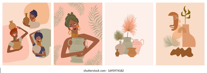 Set of abstract posters with African woman in turban,  ceramic vase and jugs, plants, abstract shapes and landscape. Background in minimalistic style. Vector illustration