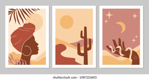 Set of abstract posters with African woman in turban, landscape, plants, hand with snake, moon and sun. Background in minimalistic boho style. Vector illustration. Best for social media, card, print