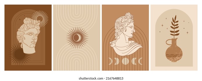 Set of abstract posters with antique god statue, abstract shapes, mystical elements and plants. Apollo one line art. Illustration for social media, posters, design template, invitation etc. Vector.