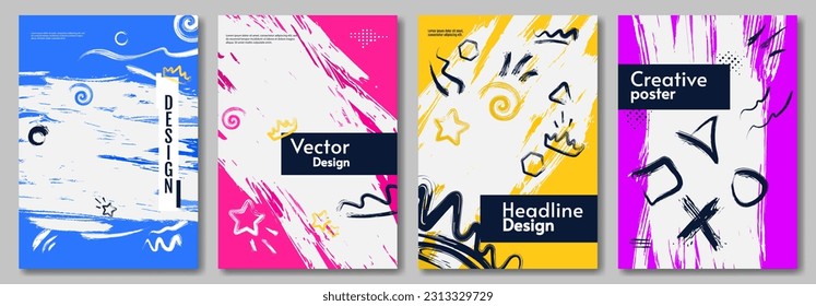 Set abstrakter Poster. Malpinsel und Kratzer mit Linien und Formen. Weißer Hintergrund. Design für Poster, Banner, Cover, Broschüre.