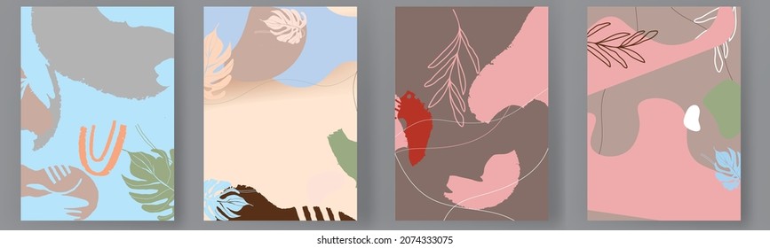 set Abstract posters art paper tropical card, poster, banner,modern line shape graphic artwork decoration  nature leaf artist plant print banner design page vector illustration
