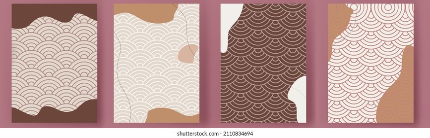 set Abstract posters art paper tropical card, poster, banner,modern line shape graphic artwork decoration  nature leaf artist plant print banner design page vector illustration