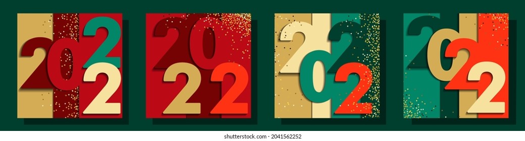 set of abstract posters, banners, templates, covers for the new year 2022. 3D effect in the style of paper cut. the figures with a realistic shadow are sprinkled with gold sequins. stock vector EPS 10