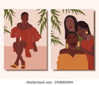 Set of abstract posters with beautiful African women. Modern Art. Vector illustration.