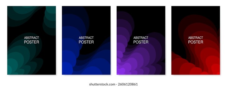 Set of abstract posters. Black backgrounds with teal green, blue, purple and red fading transition. Wavy pattern with gradient shapes