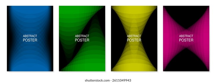 Set of abstract posters. Black backgrounds with green, blue, yellow and pink fading transition. Gradient pattern with cone shapes
